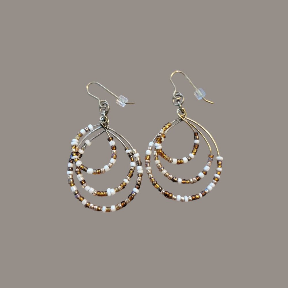 Boho Brown & Ivory Beaded Teardrop Loop Dangle Earrings